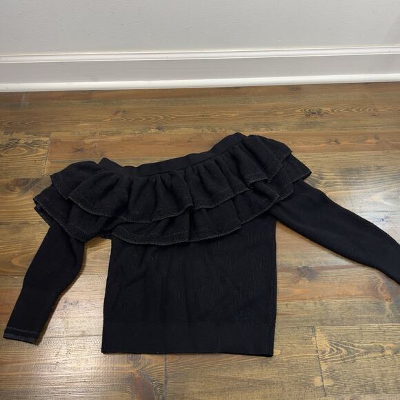FRAME Off Shoulder Black Ruffled Collar Sweater Woman’s Size Medium Wool Blend - Picture 4 of 6
